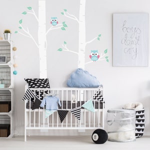 Nursery Birch Trees With Owls, Woodland Tree Forest Wall Decals, Childrens Room Nursery