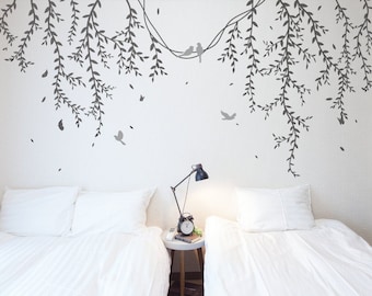 Hanging Branches With Birds Wall Stickers, hanging vines, Living Room Wall Decals, Nursery wall sticker,