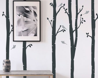 Birch Trees Decal With Birds, Trees Vinyl Stickers, Nature Wall Vinyl, Tree Forest Set Decals