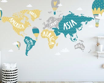 Kids Labelled Map With Hot Air Balloons And Clouds Nursery Wall Decal