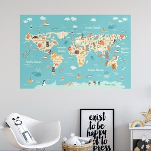 Abnehmbare Kinderweltkarte mit Tieren, Ländern der Welt, Schälen und Aufkleben, Posteraufkleber
