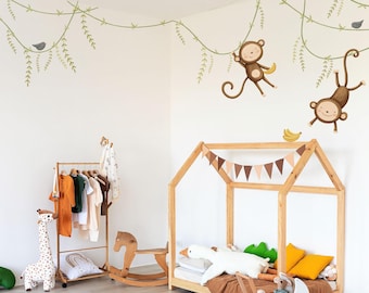 Monkey Wall Stickers - Watercolour Monkeys Hanging On A Branch - Monkey Wall Art For Kids Room - Jungle Wall Decals