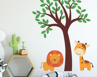 Nursery Safari Tree - Tree Wall Stickers Art Children Sticker Autumn Seasonal Kids Wall Decor Baby Bedroom Boys Girls Mural Flowers