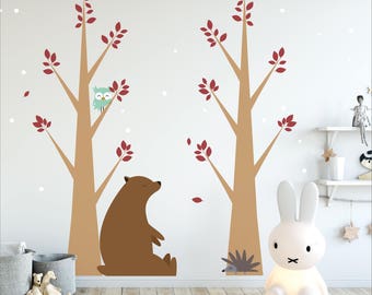 Nursery Forest Tree Wall Vinyl Stickers With Animals - Childrens Decals Kids Tree Sticker Bedroom Playroom Decor Art Bear Birds Butterflies