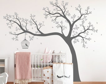 Large Overhanging Nursery Tree Wall Sticker Huge Tree Wall Decal With Birdcage Vinyl