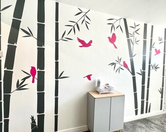 Bamboo Forest Kids Wall Stickers With Birds, Bamboo Stalk Tree Wall Decals, Nursery Decor