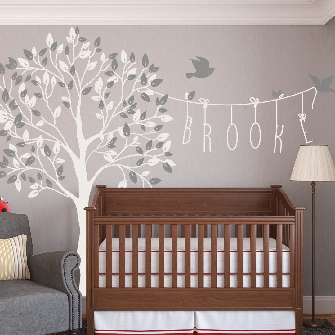 Nursery Tree Name Wall Decals With Birds Wall Decal Kids Wall Sticker ...