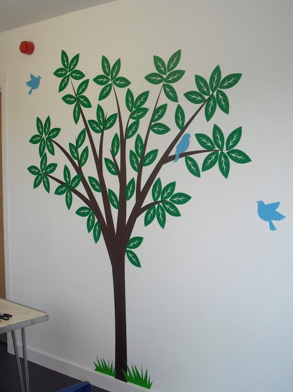 Nursery Wall Decal Tree With Flying Birds And Grass Wall Stickers Childrens Tree Kids Bedroom Wall Stencil Vinyl