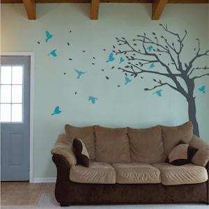 Blowing Tree Wall Decal - Living Room Wall Vinyl Blossom Wall Sticker With Birds