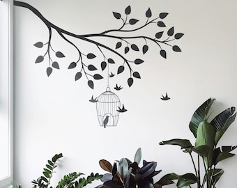Tree Branch Wall Sticker With Birds And Cage - Branch Wall Art