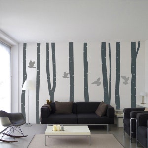 Full Size Silver Birch Tree Forest With Birds Wall Vinyl Stickers - Living room, Bedroom