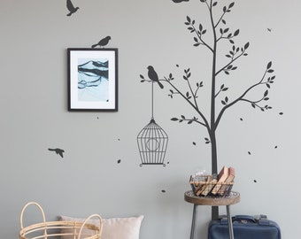Elegant Tree Wall Decal With Birdcage - Birds Leaves Wall Vinyl - Living Room Wall Sticker