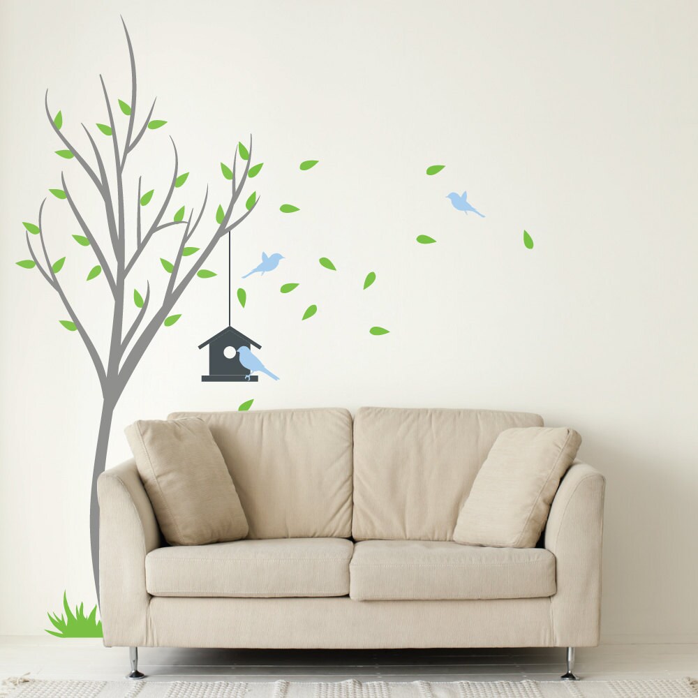 Tree With Bird House And Birds Wall Decal For Living Room Nature Wall Sticker Vinyl Removable Tree