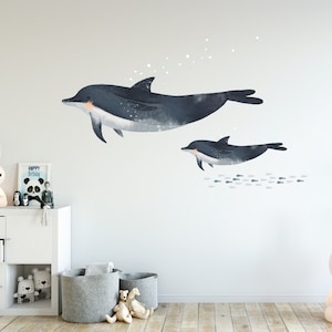 Naklejki ścienne z delfinami matki i cielęcia, Przyjaciele oceanu z tkaniny, naklejki ścienne z delfinami, pokój dziecięcy