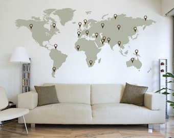 LARGE World Map Wall Decal Sticker 7ft x 3.47ft Vinyl Wall Stickers Decals With Pins