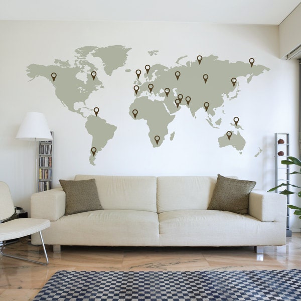 GROTE wereldkaart muur sticker sticker 7ft x 3,47ft vinyl muurstickers stickers met pinnen