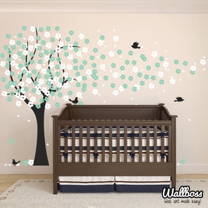 Cherry Blossom Tree Decal - Large Nursery Tree Stickers Childrens Wall Vinyl Decals With Flying Birds Bedroom Living Room Decor Removable