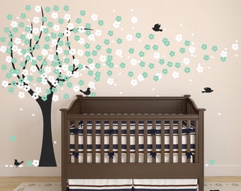 Cherry Blossom Tree Decal - Large Nursery Tree Stickers Childrens Wall Vinyl Decals With Flying Birds Bedroom Living Room Decor Removable