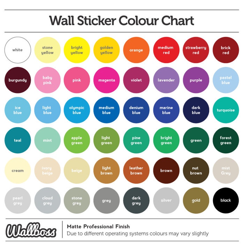 May include: Color chart for wall stickers with 48 different color options. The chart includes colors like white, yellow, red, blue, green, brown, grey, and black.