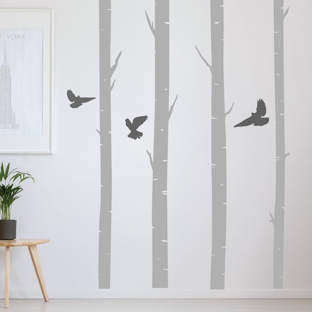 Birch Trees With Birds Wall Stickers - Living Room Wall Decals Tall ...