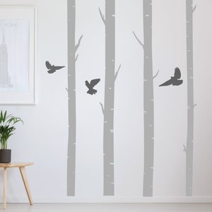 Birch Trees With Birds Wall Stickers living room wall decals tall trees interior decoration image 1
