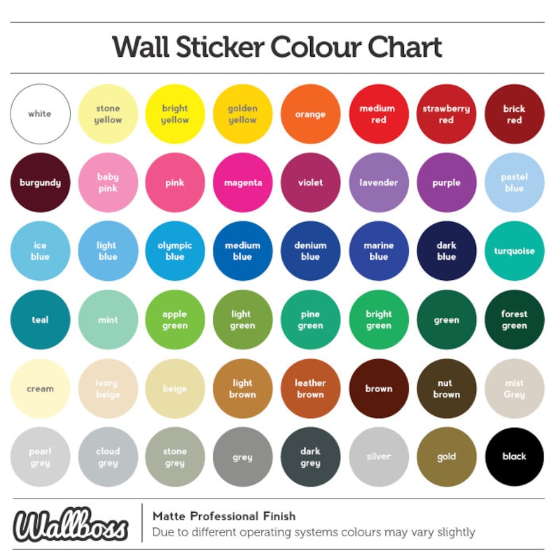 May include: Color chart for wall stickers with 48 different color options. The chart includes colors like white, yellow, red, blue, green, brown, grey, and black.