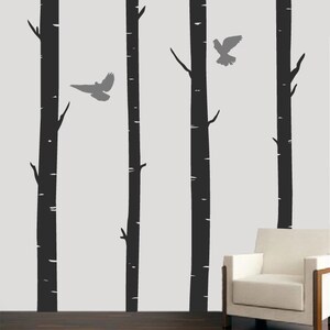 Birch Trees With Birds Wall Stickers living room wall decals tall trees interior decoration image 2
