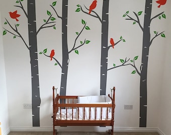 Nursery Birch Tree decal With Birds, Large Kids Tree Wall Stickers