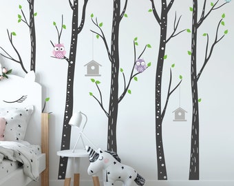 Birch Tree Wall Vinyls - Nursery Forest Wall Decals With Owls And Bird House - Large Kids Wall Stickers