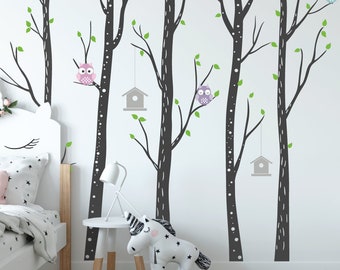 Birch Tree Wall Transfers - Nursery Forest Wall Decals With Owls And Bird House - Large Kids Wall Stickers