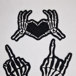 Skeleton Hands | Heart Hands | Devil Horns | Middle Finger FU | Iron On Embroidery Patch | Goth Emo Alternative Accessory