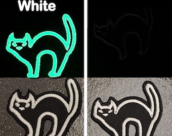 Cat Glow In the Dark Patch | Iron on Embroidery Patch | Applique Decoration for DIY Custom Gifts and Accessories | Scaredy Cat Halloween
