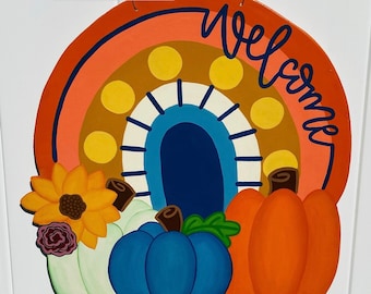 RTS Fall Rainbow Door Hanger, Welcome Fall Door Hanger Ready to Ship, Boho Fall Door Sign, Boho Pumpkins Door Hanger RTS, Fall Wood Sign