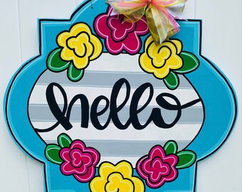 Hello Floral Door Hanger, Hello Door Hanger Ready to Ship, Quatrefoil Hello Door Sign, Shore House Door Hanger RTS