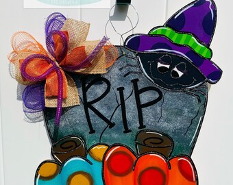 RTS Halloween Door Hanger, Spider Tombstone with Pumpkins Door Hanger Ready to Ship, Door Sign, Door Hanger RTS, RIP Tombstone Sign