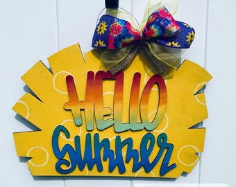 Hello Summer Door Hanger, Hello Summer Ready to Ship, Hello Summer Sign, Summer Sun Door Hanger RTS, Sunshine and Rainbows