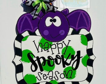 RTS Halloween Door Hanger, Happy Spooky Season Door Hanger Ready to Ship, Halloween Bat Door Sign, Bat Door Hanger RTS, Spooky Season Sign