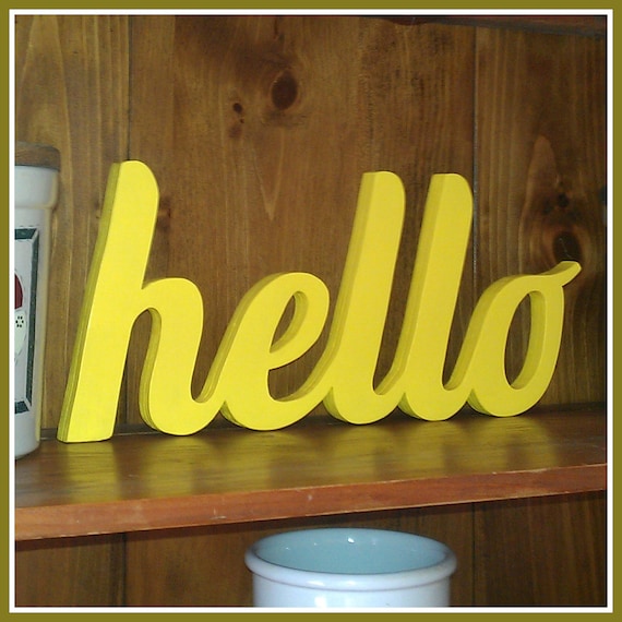 HELLO Wooden Hello Sign stand alone decoration self standing shelf display wood scroll saw sign Hello