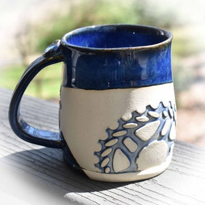 Bike mug, gear, floating blue, green, bike parts, hand built pottery, bike gift, cyclist gift, thank you gift, birthday, trophy