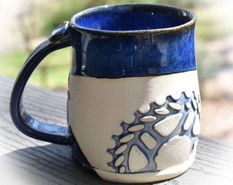 Bike mug, gear, floating blue, green, bike parts, hand built pottery, bike gift, cyclist gift, thank you gift, birthday, trophy