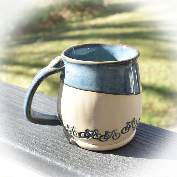 Bike mug, "Group Ride", blue, green, cyclist gift, thank you gift, congratulations, handbuilt pottery, bike, cyclist, bicycle