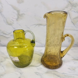 Set of 2 Hand Blown Crackle Glass Small Pitchers Green and Gold