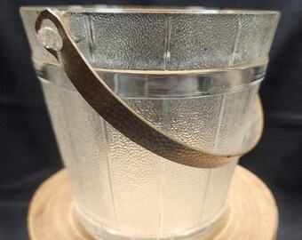 Vintage Glass Bucket with Hammered Metal Handle, Frosted Pitted Glass Design