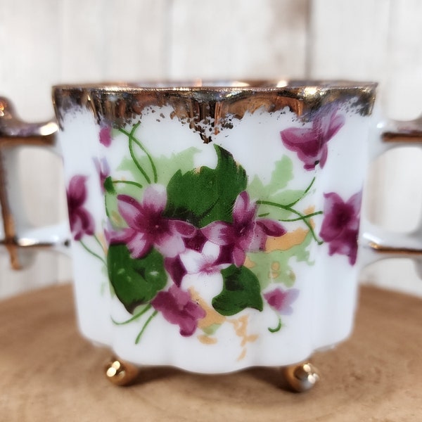 Vintage Small China Sugar Bowl, Double Square Handles, Three Feet, Gold Edged, Forget Me Not Flowers, Made in Japan