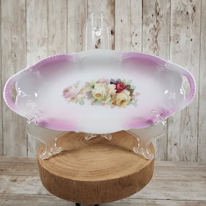 Vintage Oval Celery Dish Pink and Yellow Roses Hand Painted Gold Edged Made in Germany Lusterware German Rose