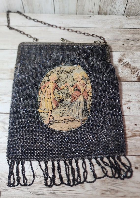 Vintage Black Beaded Purse Tapestry Needlepoint Vi