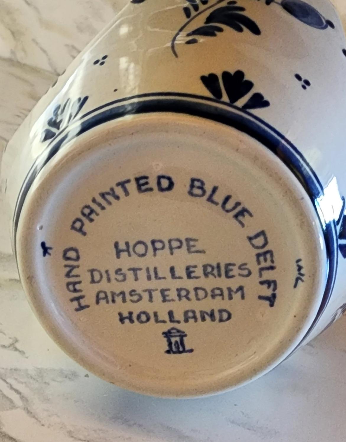 Vintage Hand Painted Blue Delft Hoppe Distilleries Pinch Decanter