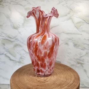 Hand Blown Pink & White Spatter Drip Ruffled Top Vase