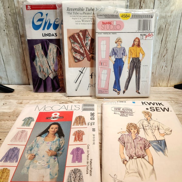 Vintage Miscellaneous Sewing Patterns Lot of 5, Germany, 2002, 1984, Ghee's, Kwik Sew, Fasturn, Burda Studio, McCall's