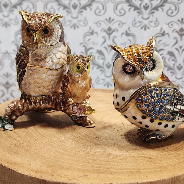 Set of 2 Bejeweled Owls, Hinged Trinket boxes